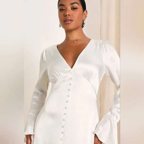 Lulus Elegant Celebration White Satin Long Sleeve Slip Maxi Dress XL Wedding - Picture 4 of 12